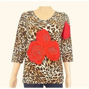 VALENTINA flowy animal rose print rhinestone top blouse 3/4 sleeves Vneck WomenL